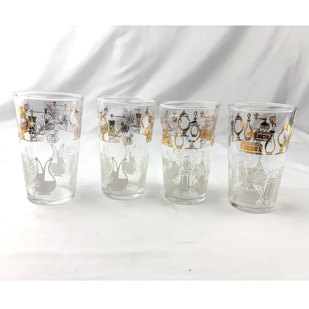 Vintage Federal Glass Tumblers Set of 4 Clear Drinking Glass Gold Accent Design‎